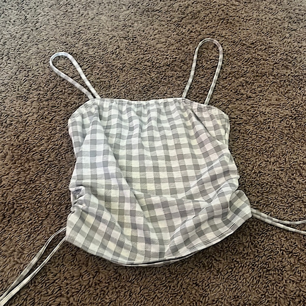 Grey and white tank top! Patterned. Strings on side!